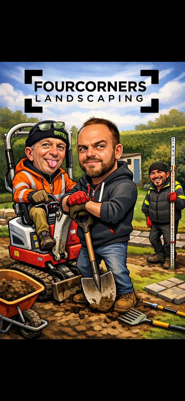 Illustrated Four Corners Landscaping team featuring Steve, Tom and Ady
